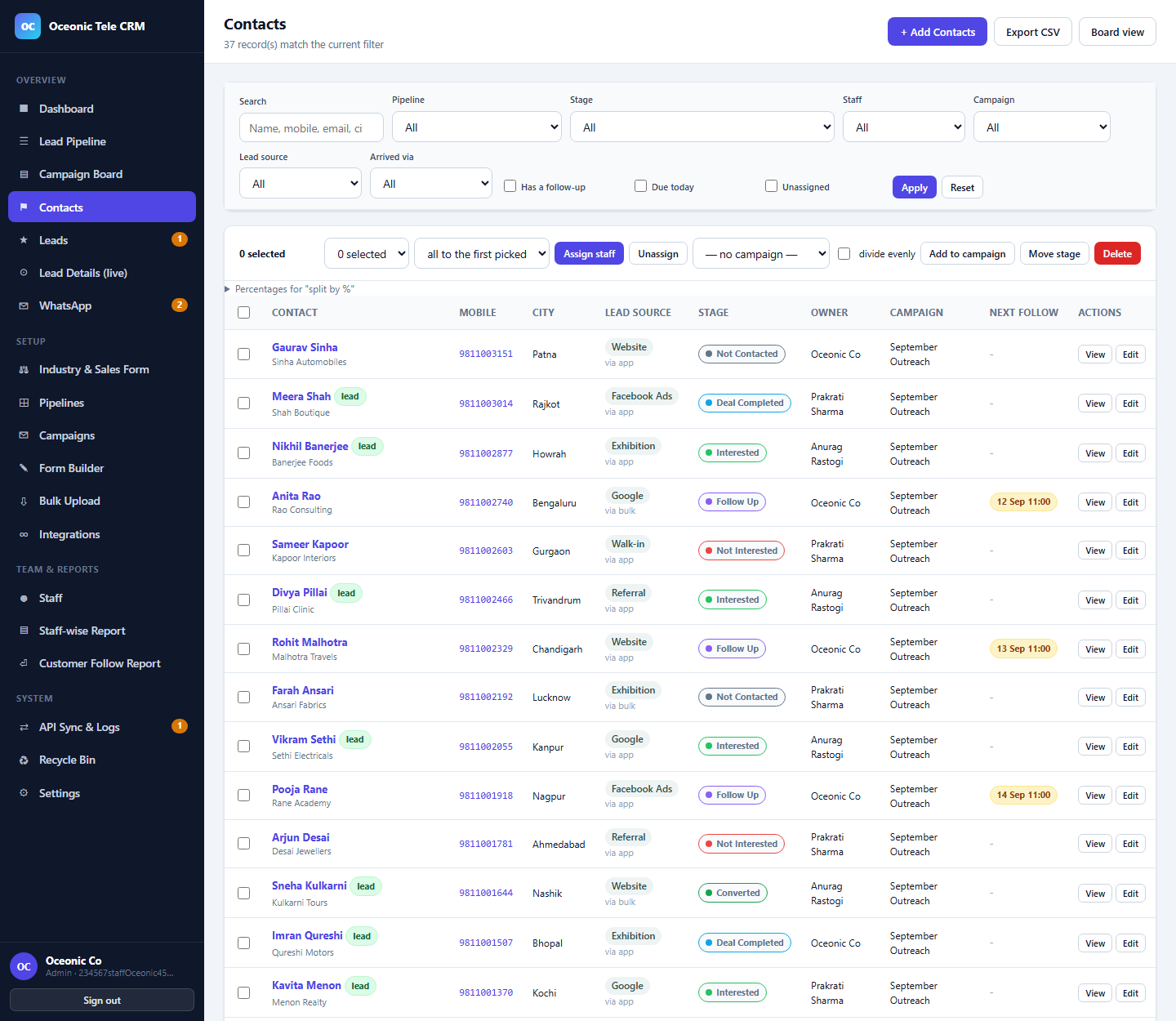 The contacts list filtered by pipeline, stage, staff, campaign and lead source, with bulk assignment and stage-move controls.