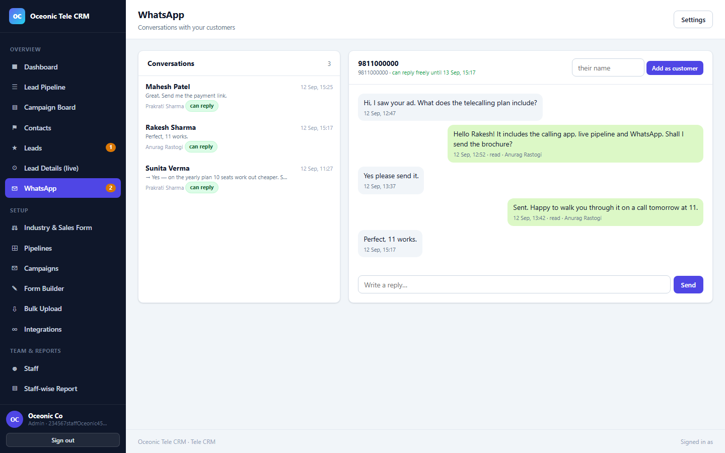 The WhatsApp inbox: a conversation list on the left and a customer thread on the right with a reply box.